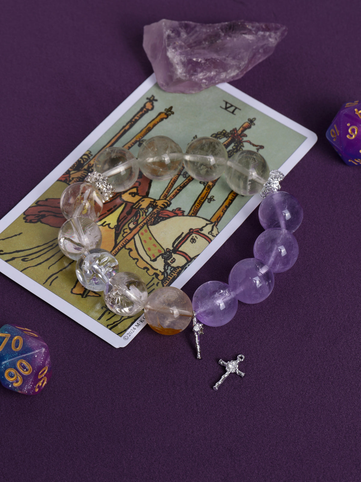 Amethyst and clear crystal bead bracelet with dangling cross charm
