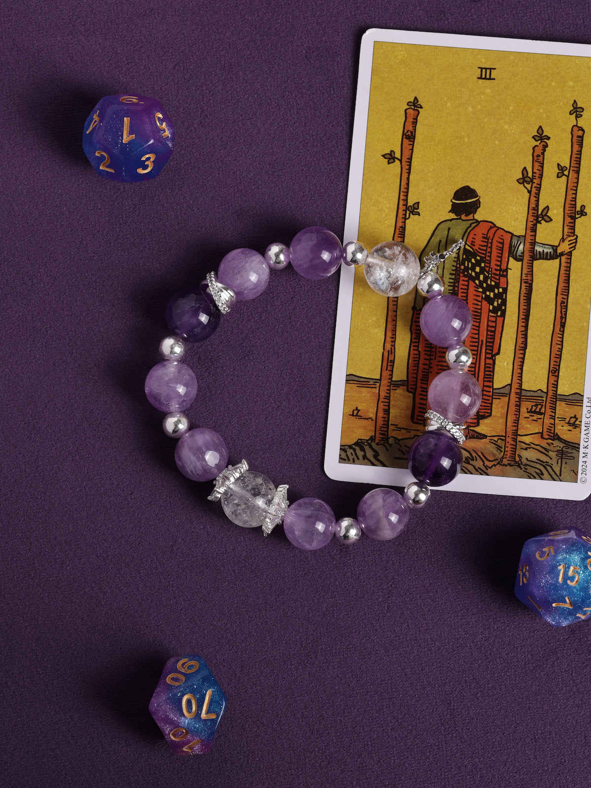 Purple crystal bead bracelet with silver-tone spacers and clear faceted center bead