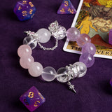 Rose and lilac gemstone bead bracelet with silver-tone star charms and chain links