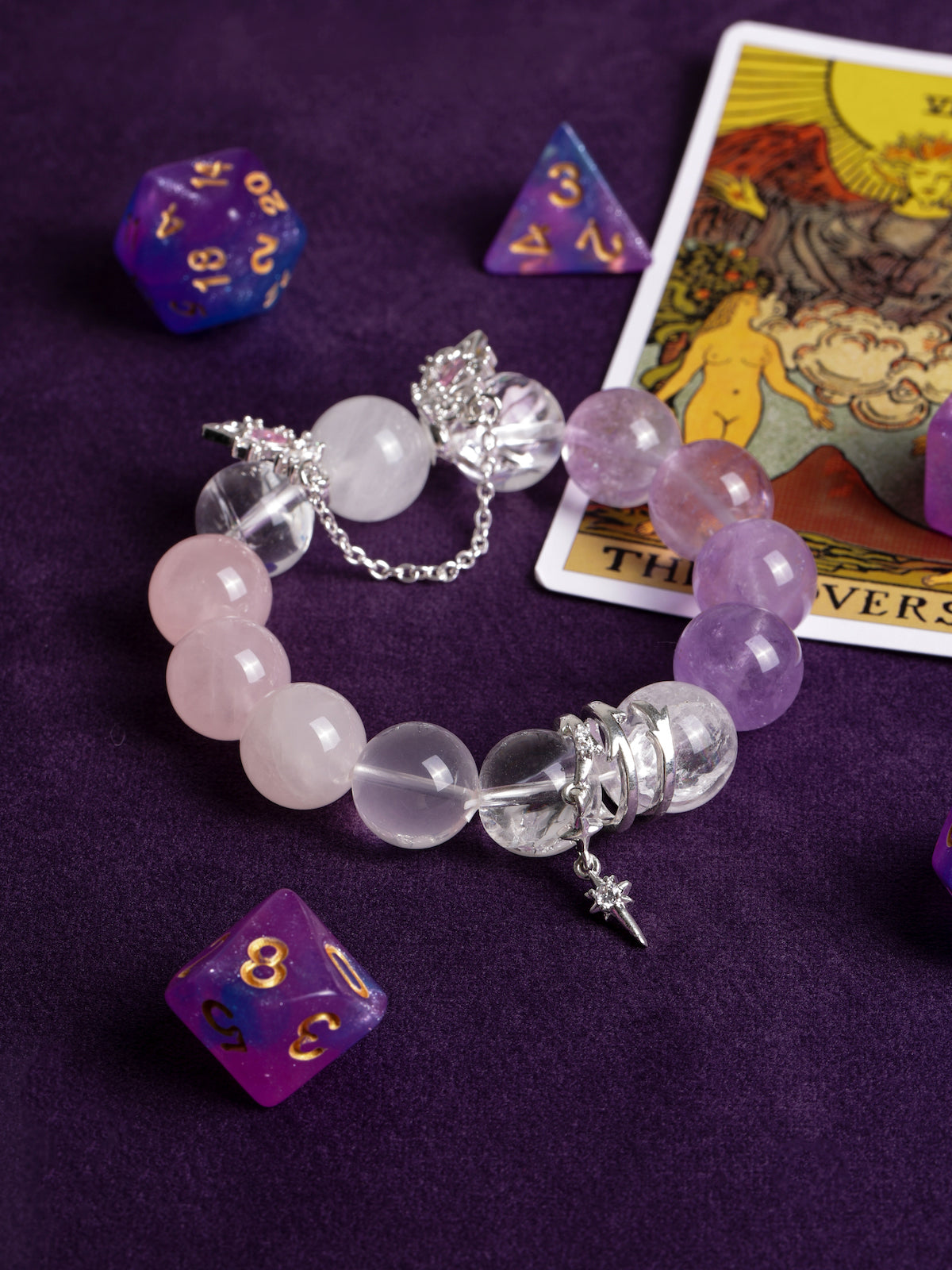 Rose and lilac gemstone bead bracelet with silver-tone star charms and chain links