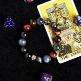 Beaded bracelet with multicolor dark stones and silver square spacer, round bead design