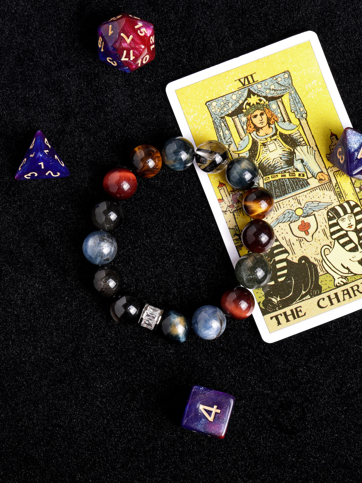 Beaded bracelet with multicolor dark stones and silver square spacer, round bead design