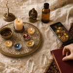 Ritual candle tray with lit candles, crystal quartz points, and a smartphone
