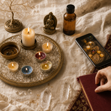 Ritual candle tray with lit candles, crystal quartz points, and a smartphone