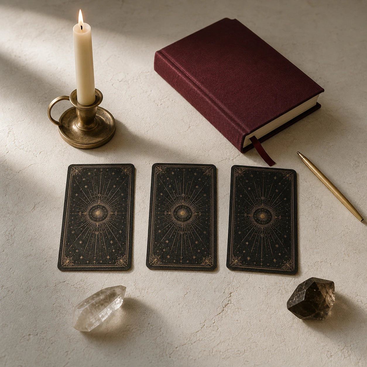 Tarot cards on a table with a lit candle, crystals, and a bound journal