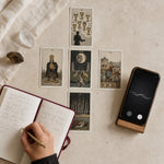 Tarot card spread with a hand writing in a notebook beside a phone