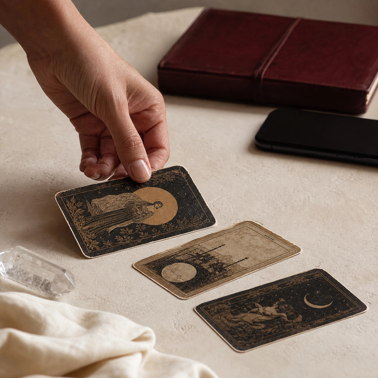 Tarot cards on a table with a hand turning one card