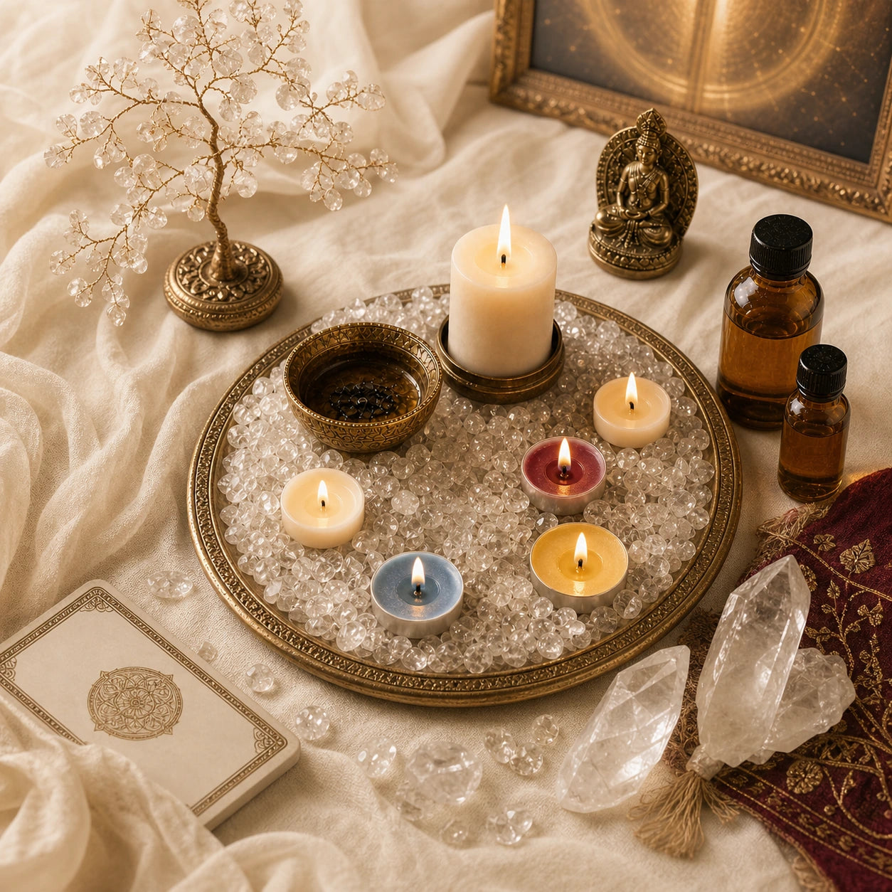 Ritual candle tray with a tall centerpiece candle, tea lights, brass bowl, crystal pieces