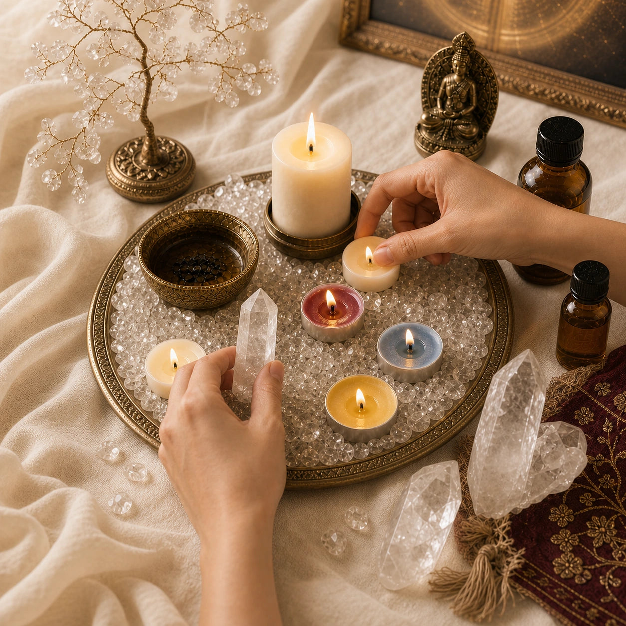 Candle ritual tray set with tea lights, crystal shards, and essential oil bottles