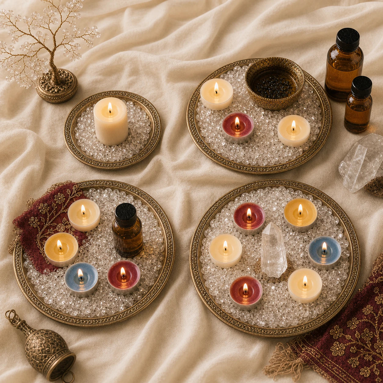 Scented candle ritual tray set with four lit candles, crystal pieces, oil bottles
