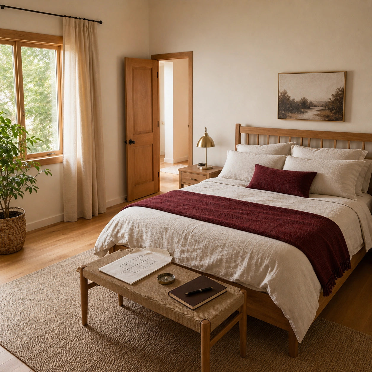 Bedroom with printed energy assessment sheets on a wooden coffee table