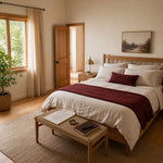 Bedroom with printed energy assessment sheets on a wooden coffee table