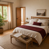 Bedroom with printed energy assessment sheets on a wooden coffee table