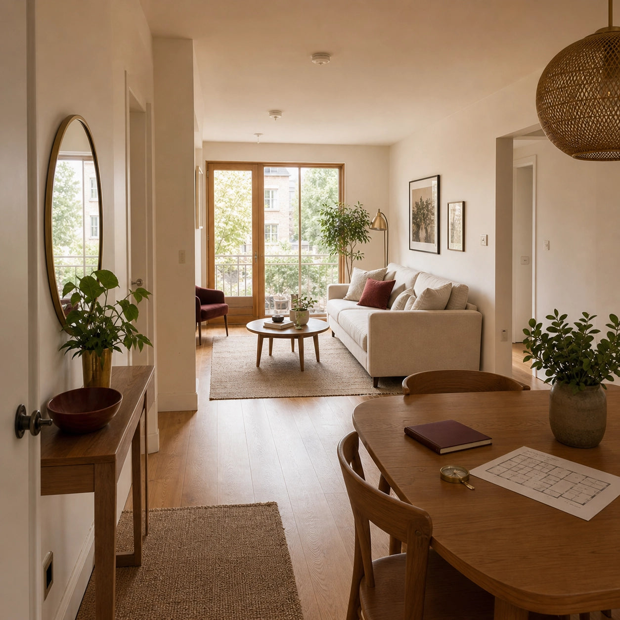 Living room with energy assessment documents and notebook on dining table