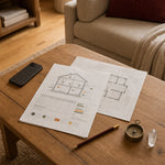 Close-up of energy assessment floor plans with compass, phone, and notes on table