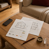 Close-up of energy assessment floor plans with compass, phone, and notes on table